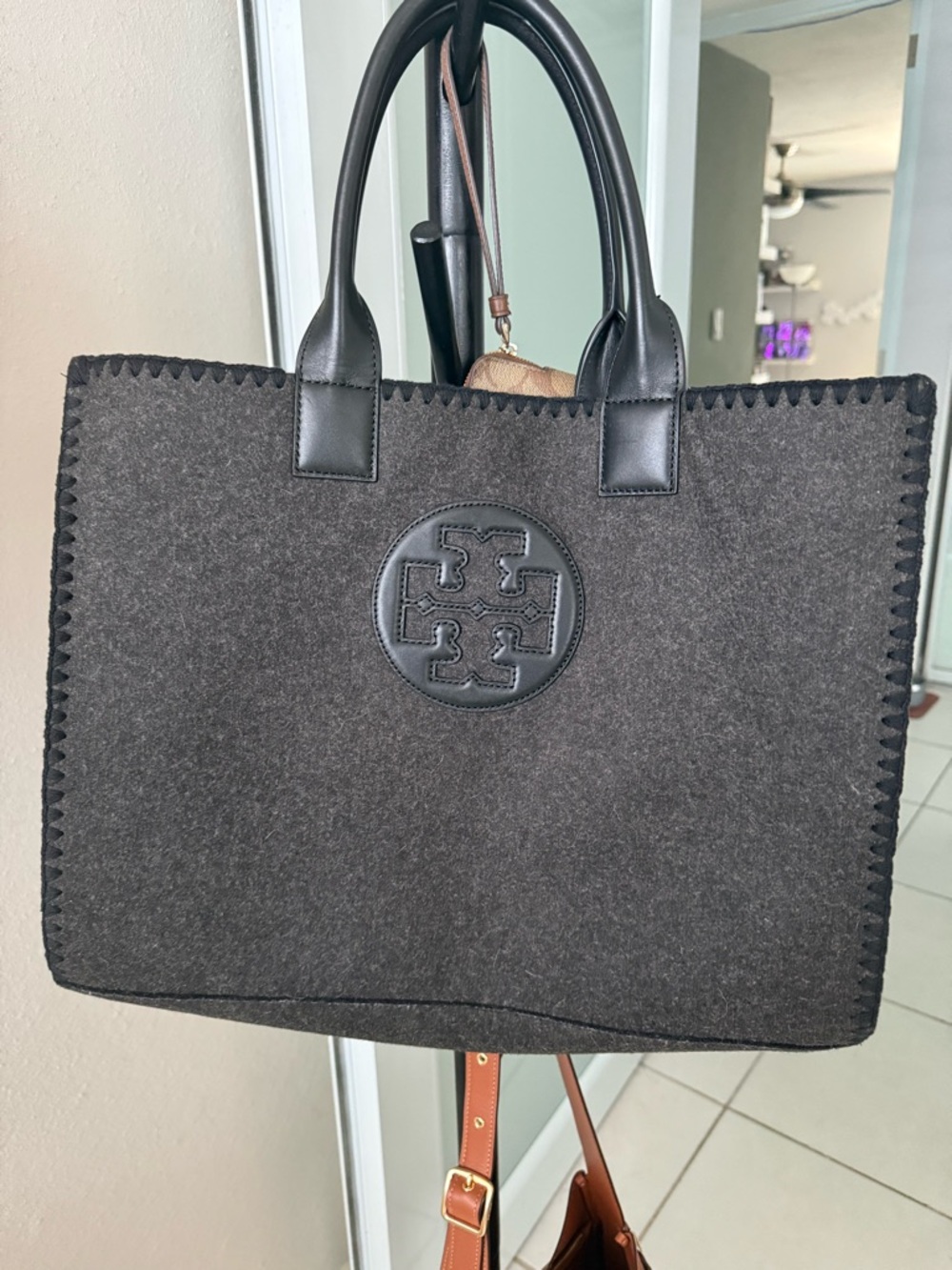 Tory Burch Gray Logo-Print Tote Interior with Gold Hardware